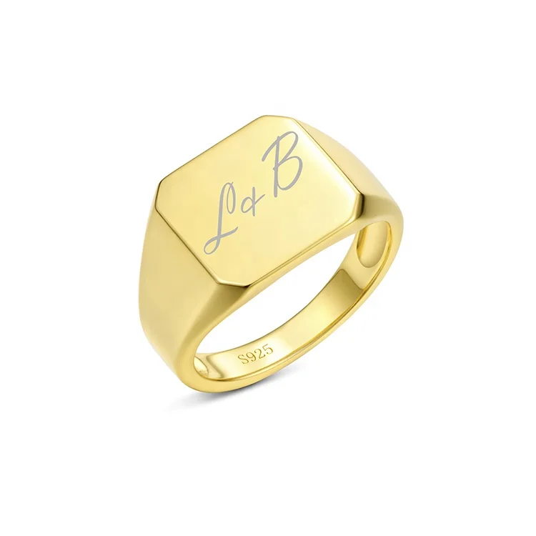 Custom Engravable 925 Sterling Silver Gold Plated Signet Ring for Men Square Top Personalized Jewelry