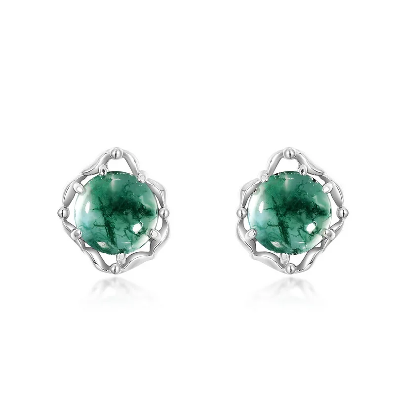 Jewelyking S925 Silver Moss Agate Vintage Natural Green Agate Cute Stud Earrings JKES0066