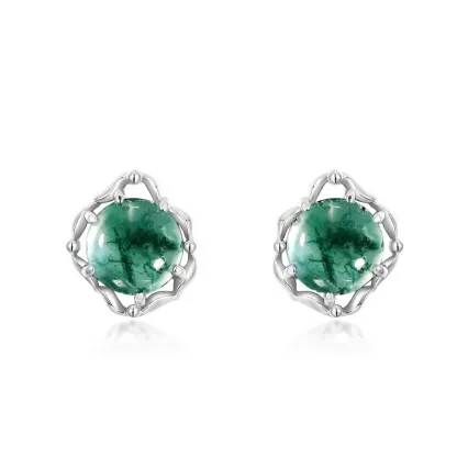 Jewelyking S925 Silver Moss Agate Vintage Natural Green Agate Cute Stud Earrings JKES0066