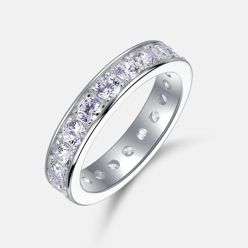 JewelyKing S925 Sterling Silver Single Row Channel Cubic Zirconia Full Eternity Band Classic Stackable Wedding Ring JKRS0253