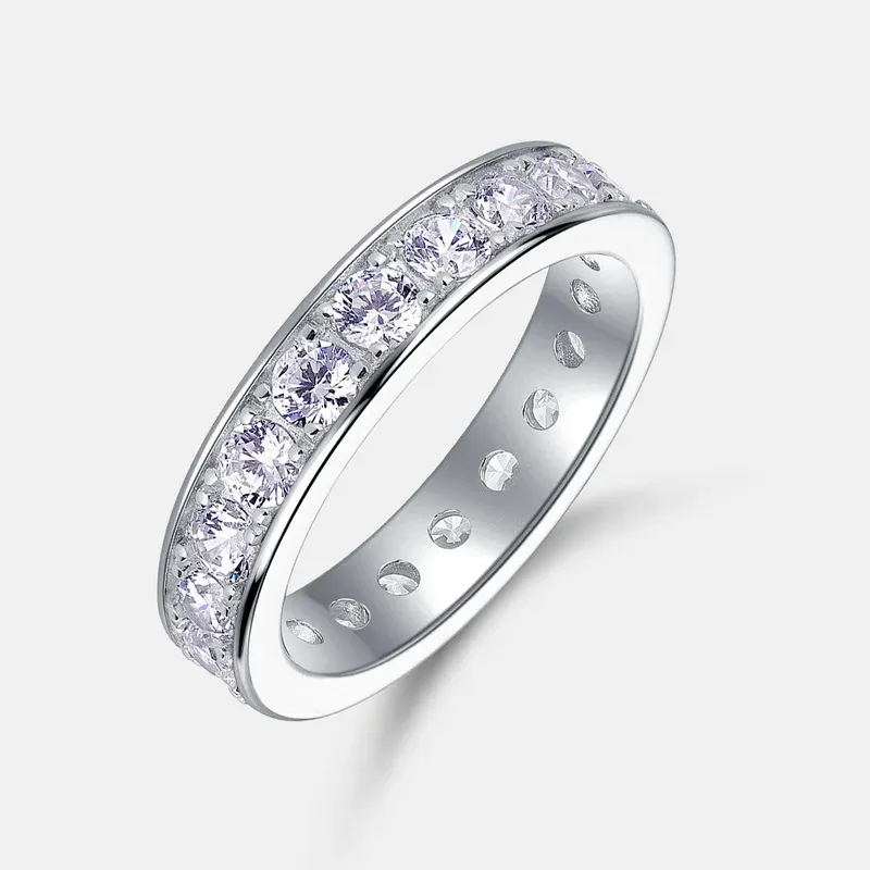 JewelyKing S925 Sterling Silver Single Row Channel Cubic Zirconia Full Eternity Band Classic Stackable Wedding Ring JKRS0253