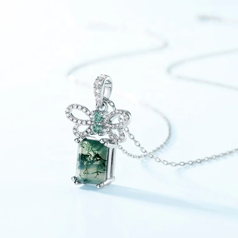 Jewelyking Rectangle Green Gemstone Pendant Dainty Zircon Bow Knot and Natural Moss Agate Pendant Necklace JKNS0086