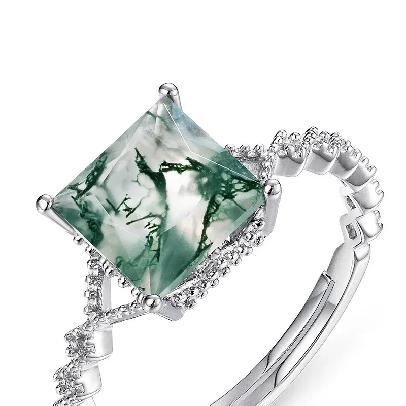 Jewelykin S925 Sterling Moss Rings Type Setting Agate Wedding Engagement Ring JKRS0123