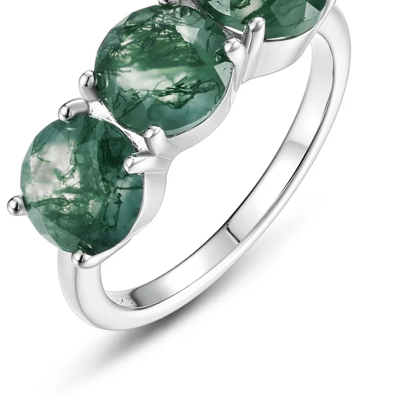 JewelyKing S925 Silver Natural Green Moss Agate Ring Inlaid Zircon Classic Round Cut Three Stone Ring JKRS0197