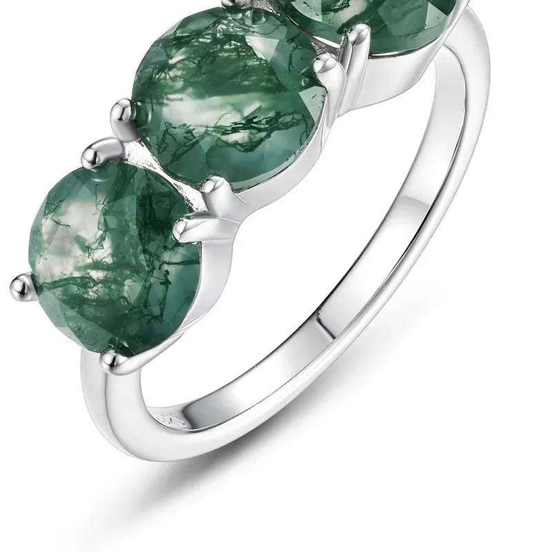 JewelyKing S925 Silver Natural Green Moss Agate Ring Inlaid Zircon Classic Round Cut Three Stone Ring JKRS0197