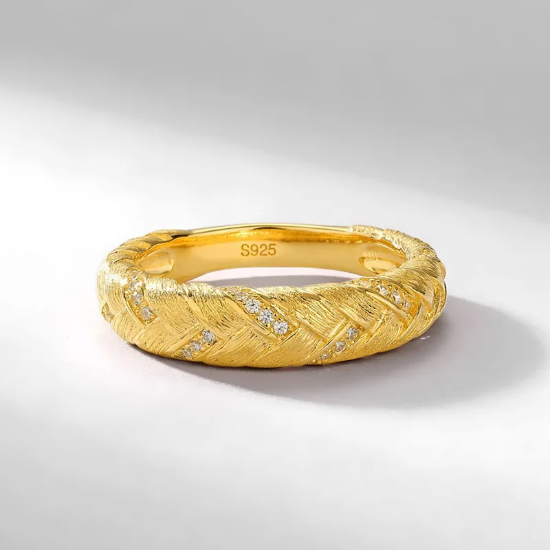Jewelyking  S925 Sterling Silver Light Luxury Woven Brushed Wheat Ring Diamond Vintage JKRS0108