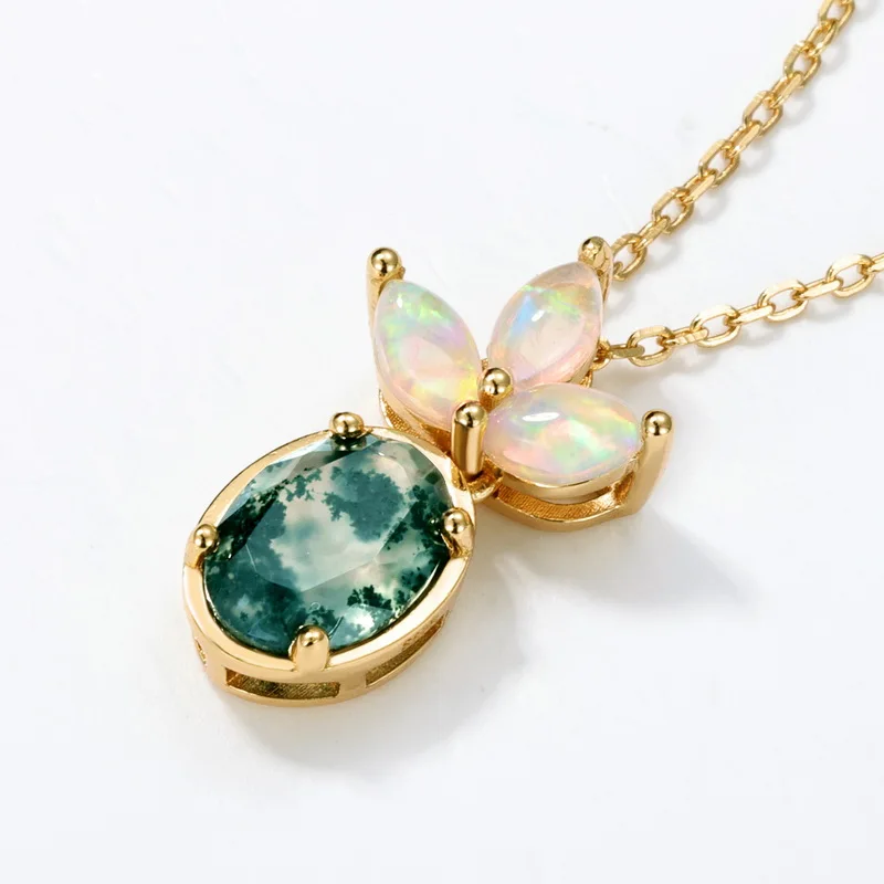 JewelyKing S925 Sterling Silver Green Moss Agate 14K Gold Plated Opal Accent Oval Cut Dainty Chain Necklace JKNS0030