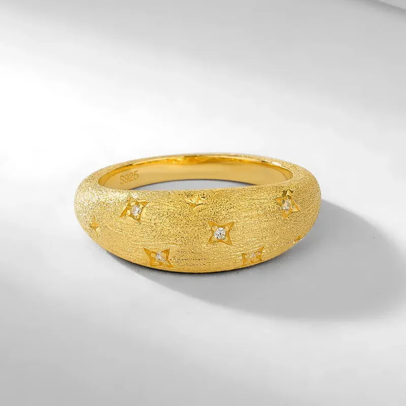Jewelyking S925 Sterling Silver French Retro Starry Brushed Ring 14K Gold Plated Simple Light Luxury Jewelry JKRS0102