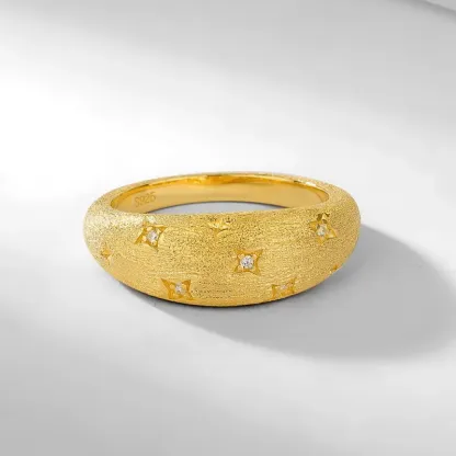 Jewelyking S925 Sterling Silver French Retro Starry Brushed Ring 14K Gold Plated Simple Light Luxury Jewelry JKRS0102