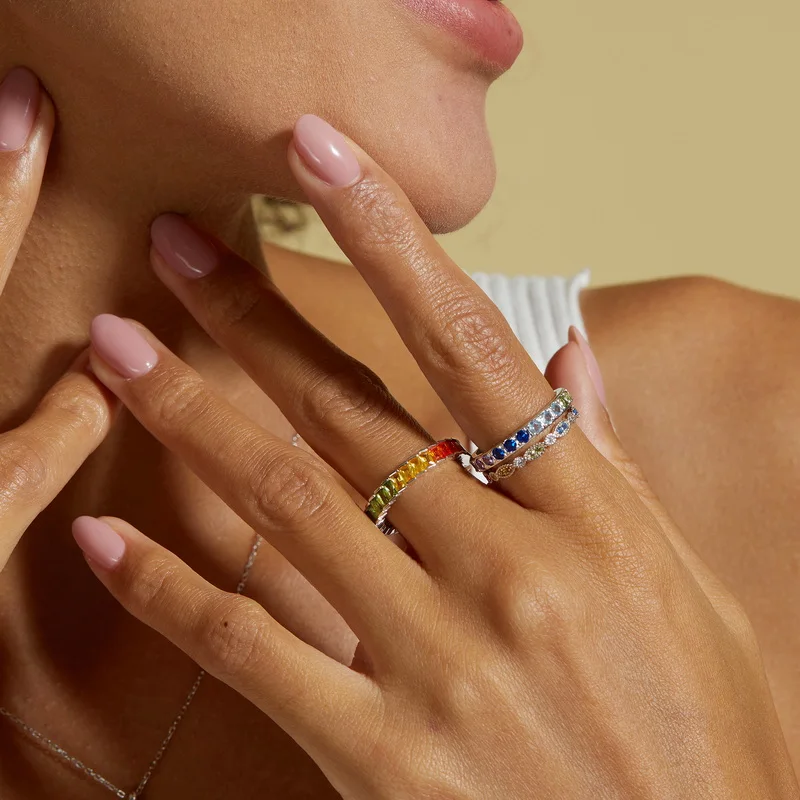 New Arrival High Quality Rainbow Colorful Jewelry White Gold 925 Silver Ring with Beautiful Color CZ Band Rings Women