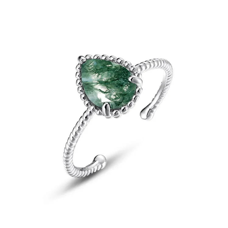 JewelyKing S925 Sterling Silver Antique Moss Agate Gemstone Halo Wedding Twist Rings JKRS0205
