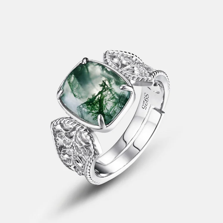 JewelyKing S925 Sterling Silver Green Moss Fashion Seaweed Agate Ring JKRS0220
