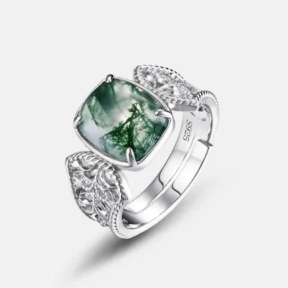 JewelyKing S925 Sterling Silver Green Moss Fashion Seaweed Agate Ring JKRS0220