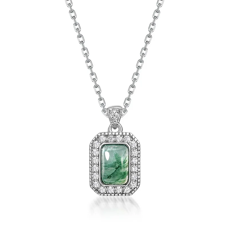 Jewelyking S925 Sterling Silver Emerald Cut Green Agate Moss Pendant Necklace JKNS0094