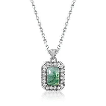 Jewelyking S925 Sterling Silver Emerald Cut Green Agate Moss Pendant Necklace JKNS0094