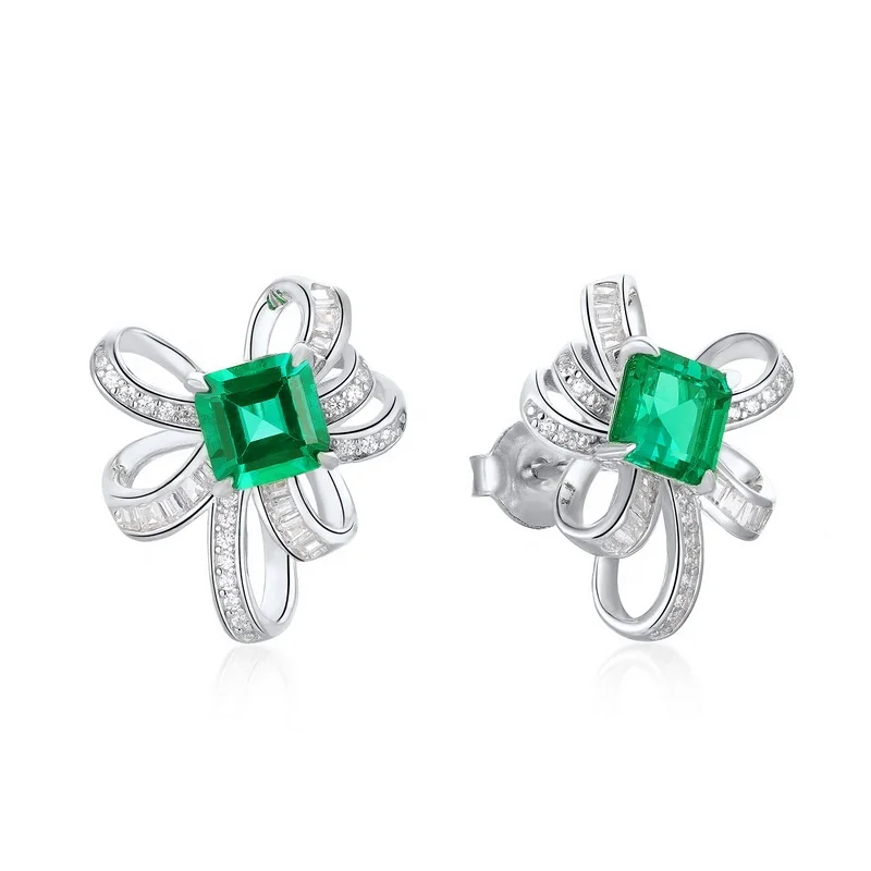 Luxury Jewelry 925 Silver Bling Cubic Zirconia Bowknot Earrings Studs Elegant Fashion Square Cut Lab Grown Emeralds Earrings