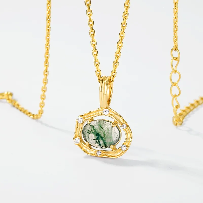Jewelyking S925 Sterling Silver Green Moss Agate Pendant Necklace JKNS0125