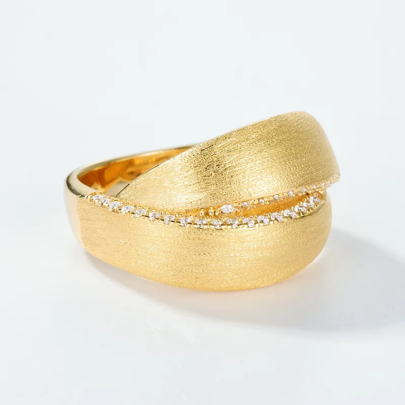 Jewelyking S925 Sterling Silver Luxury Textured Brushed Finish Ring Women Sandblasted CZ Inlay Band Ring JKRS0117