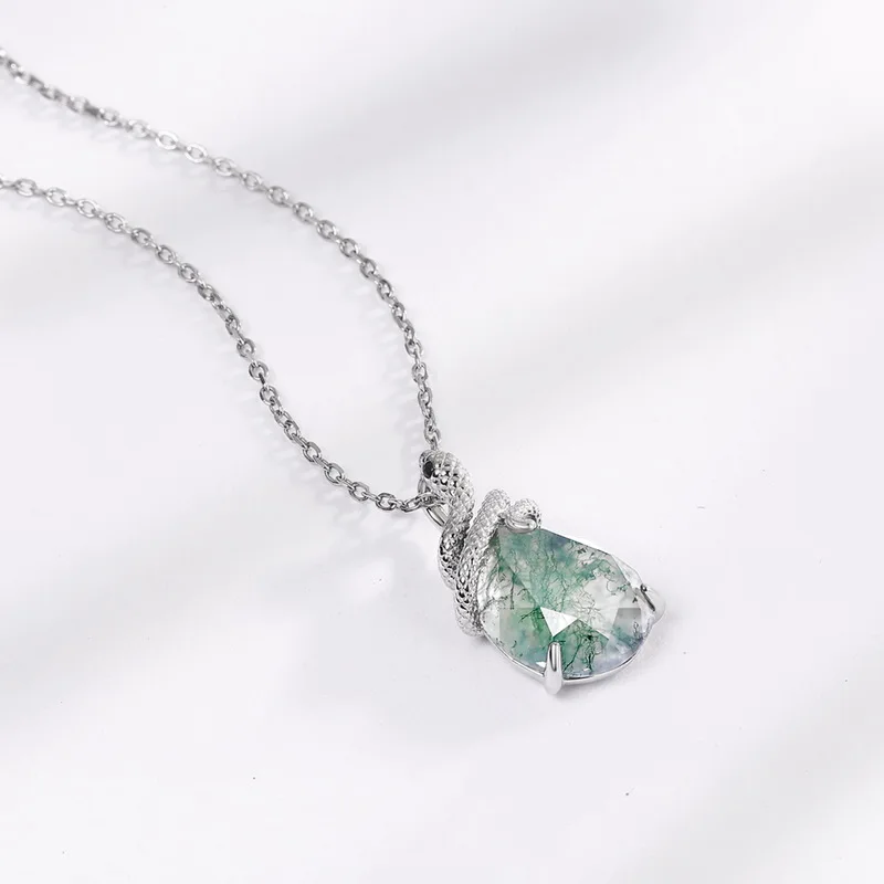 Jewelyking S925 Sterling Silver Snake Shape Green Moss Agate Gemstone Pendant JKNS0090