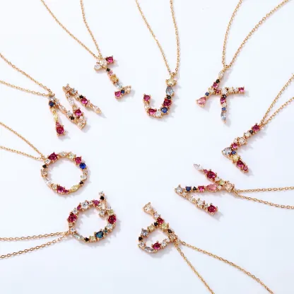 JewelyKing S925 Silver Gold Plated Rainbow Initial Letter Zircon Pendant Chain Necklace JKNS0133