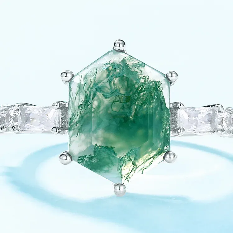 JewelyKing  S925 Sterling Silver Oval Cut Green Agate Natural Moss Agate Engagement Ring JKRS0143