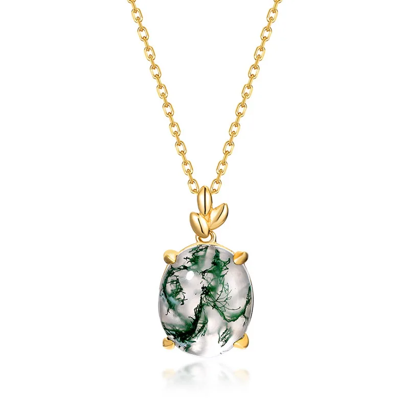Jewelyking S925 Sterling Silver Green Moss Agate Oval Gemstone Rhodium Plated 18K Gold Custom Pendant Necklace JKNS0097