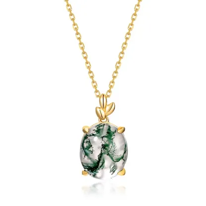 Jewelyking S925 Sterling Silver Green Moss Agate Oval Gemstone Rhodium Plated 18K Gold Custom Pendant Necklace JKNS0097