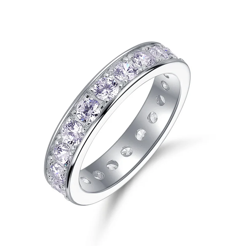JewelyKing S925 Sterling Silver Single Row Channel Cubic Zirconia Full Eternity Band Classic Stackable Wedding Ring JKRS0253