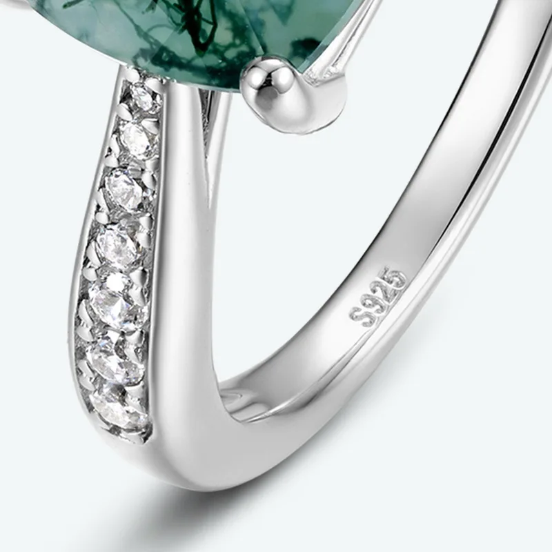 JewelyKing S925 Sterling Silver Moss Agate Cushion Cut Natural Green Moss Stone Jewelry Ring JKRS0006
