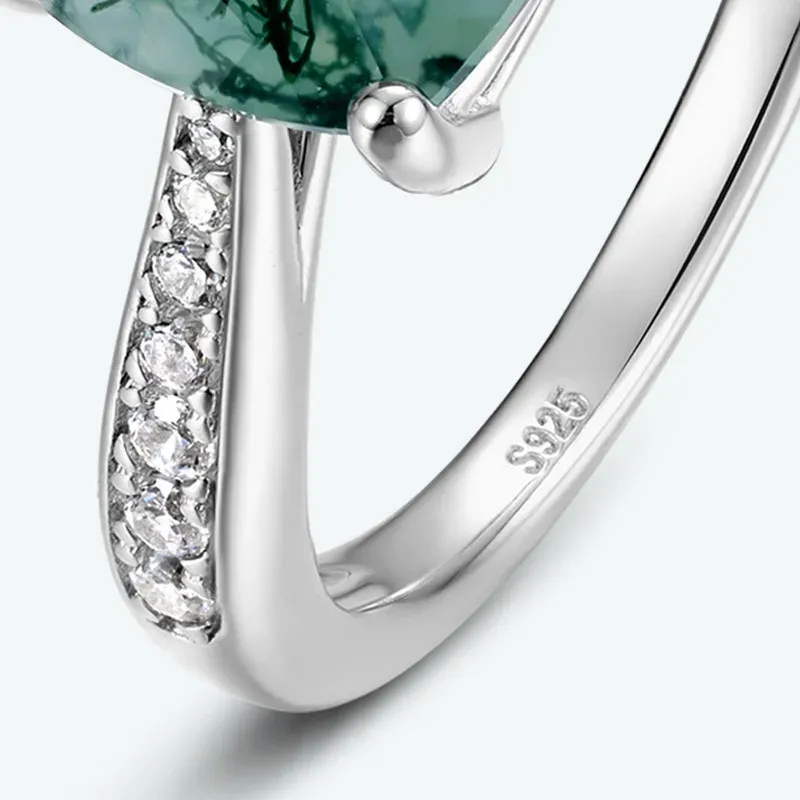 JewelyKing S925 Sterling Silver Moss Agate Cushion Cut Natural Green Moss Stone Jewelry Ring JKRS0006