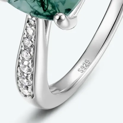 JewelyKing S925 Sterling Silver Moss Agate Cushion Cut Natural Green Moss Stone Jewelry Ring JKRS0006
