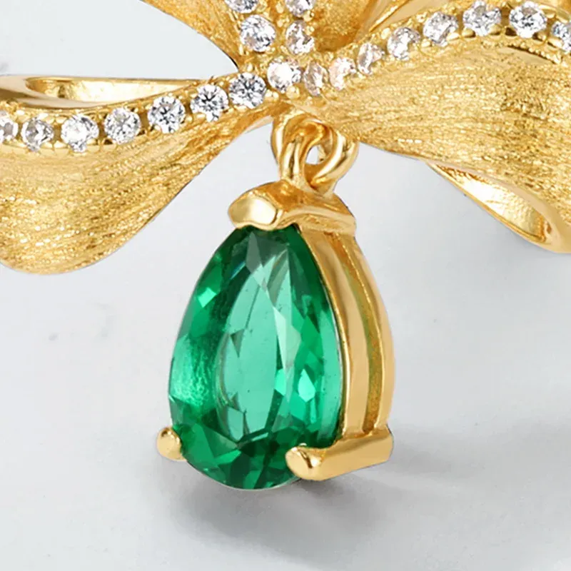 Christmas Zircon Bow Lab Grown Emerald Gemstone Stud Earrings Silver 18K Yellow Gold Xmas Earrings