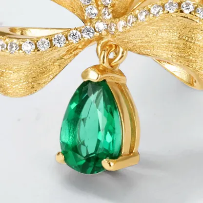Christmas Zircon Bow Lab Grown Emerald Gemstone Stud Earrings Silver 18K Yellow Gold Xmas Earrings