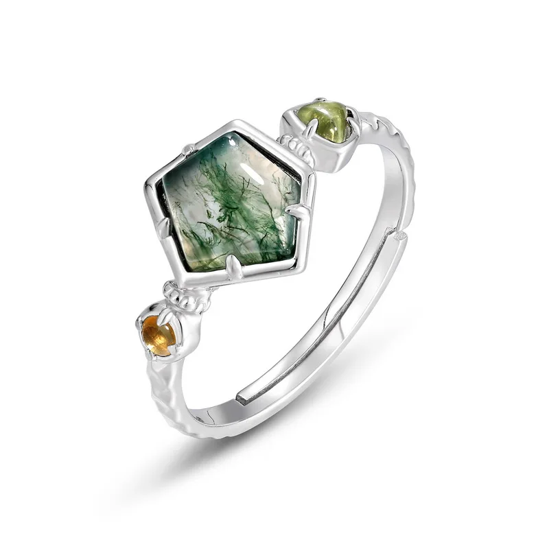 JewelyKing S925 Sterling Silver Irregular Baguette Cut Natural Gemstone Green Moss Agate Engagement Adjustable Ring JKRS0135
