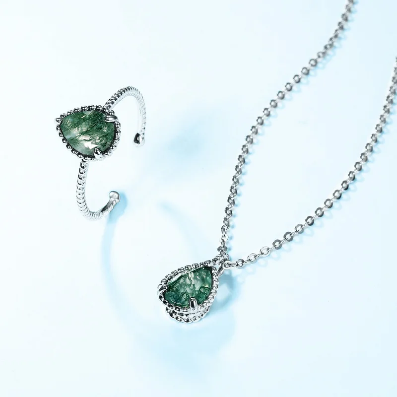 Jewelykin S925 Sterling Silver Rhodium Plating Moss Agate Engagement Rings JKRS0124