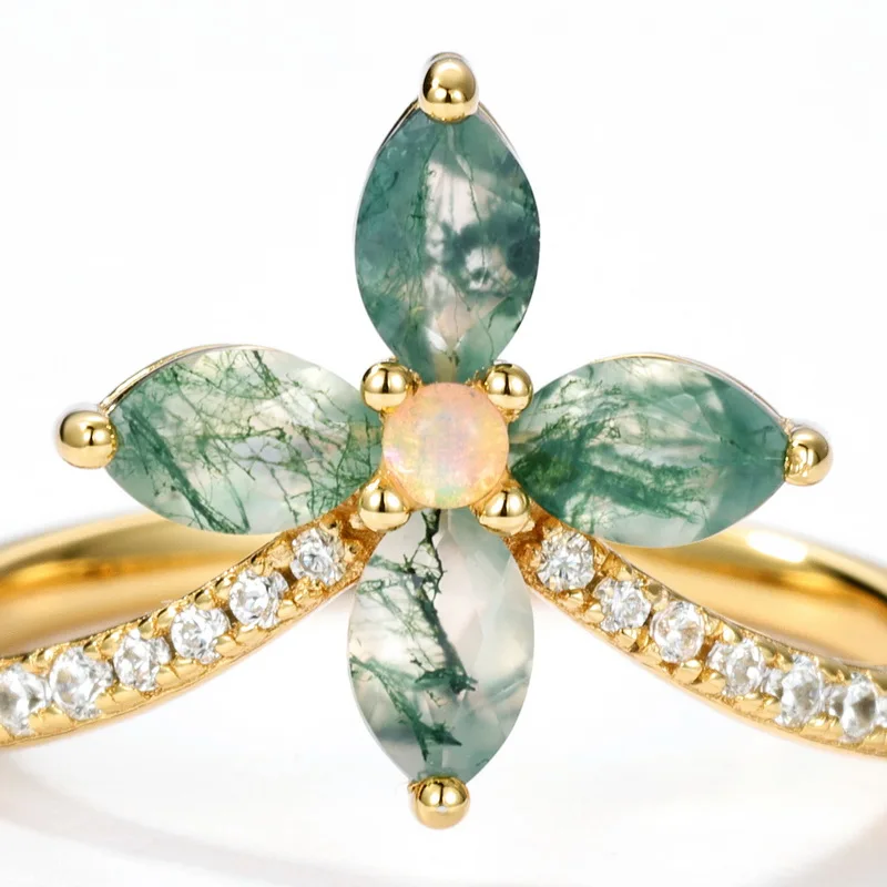 JewelyKing S925 Sterling Silver Green Moss Agate 14K Gold Plated Opal CZ Accent Floral Design Statement Ring JKRS0013
