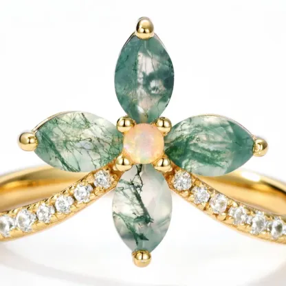 JewelyKing S925 Sterling Silver Green Moss Agate 14K Gold Plated Opal CZ Accent Floral Design Statement Ring JKRS0013