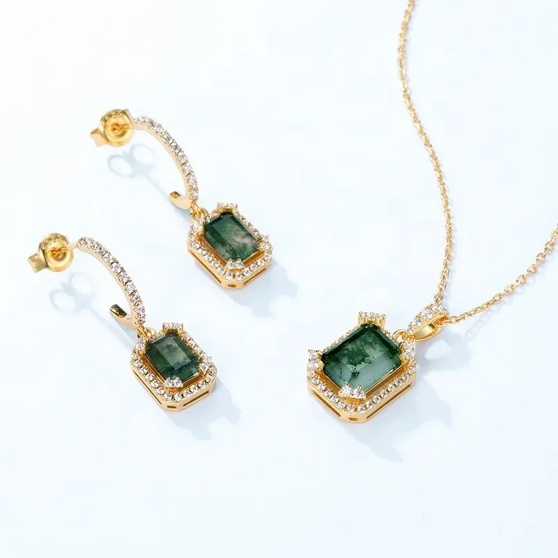 Jewelyking S925 Sterling Silver Green Gemstone Stud Earring 18K Gold Plated Rectangle Moss Agate Drop Earrings JKES0073