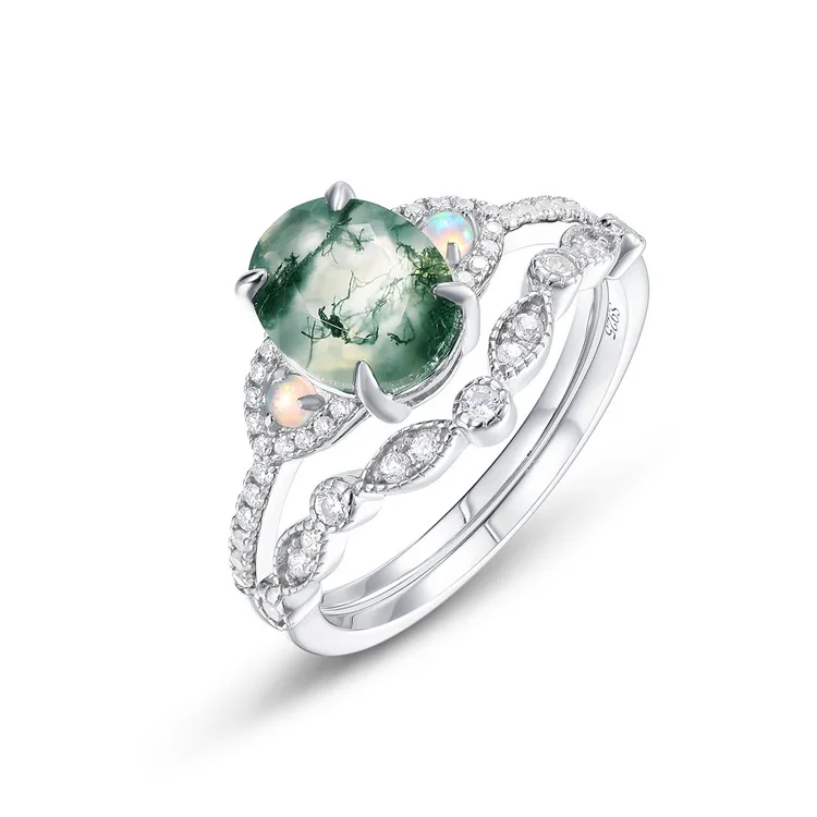JewelyKing S925 Sterling Silver Green Moss Agate New Wedding Ring JKRS0208