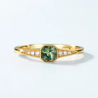 JewelyKing S925 Sterling Silver Square Cut Natural Gemstone 18k Gold Plated Green Moss Agate Zirconia Engagement Ring JKRS0128