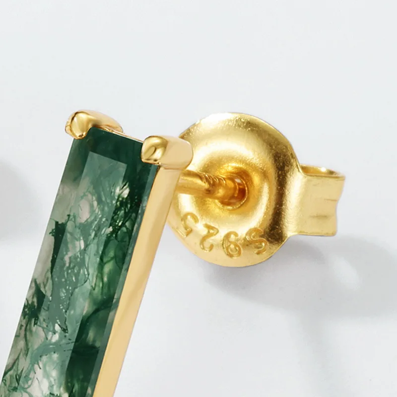 Jewelyking S925 Sterling Silver 18K Gold Green Moss Agate Bamboo Earrings JKES0092