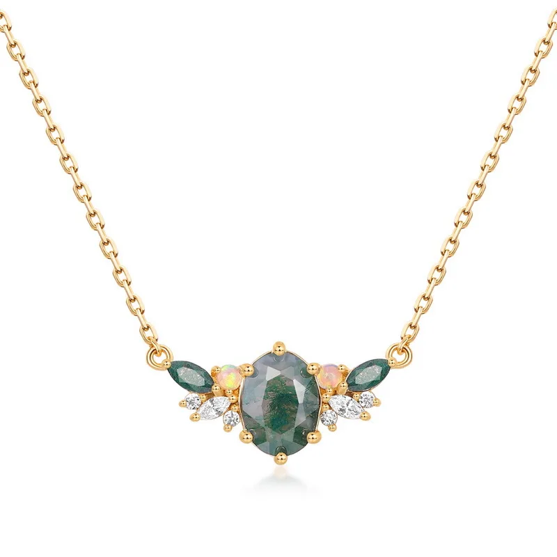 JewelyKing Natural Moss Agate Necklace Sets S925 Silver Cross Chain Women's Geometric Shape JKNS0028