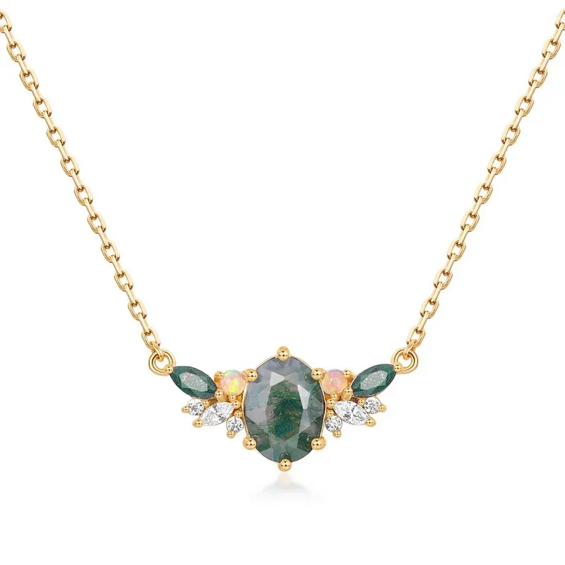JewelyKing Natural Moss Agate Necklace Sets S925 Silver Cross Chain Women's Geometric Shape JKNS0028