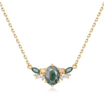 JewelyKing Natural Moss Agate Necklace Sets S925 Silver Cross Chain Women's Geometric Shape JKNS0028