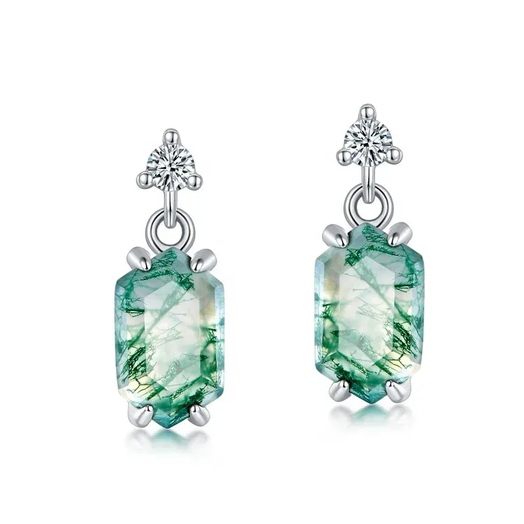 Jewelyking Trendy Simple Natural Stone Boho Hexagon Earrings Gem Stone Moss Agate Crystal Pendant Drop Stud Earrings JKES0068