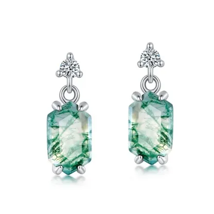 Jewelyking Trendy Simple Natural Stone Boho Hexagon Earrings Gem Stone Moss Agate Crystal Pendant Drop Stud Earrings JKES0068