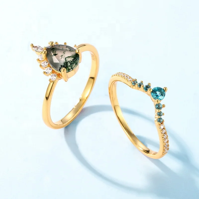 JewelyKing S925 Sterling Silver Vintage Genuine Gemstone Green Blue Nano Ring Pear Shaped Moss Agate Ring JKRS0152