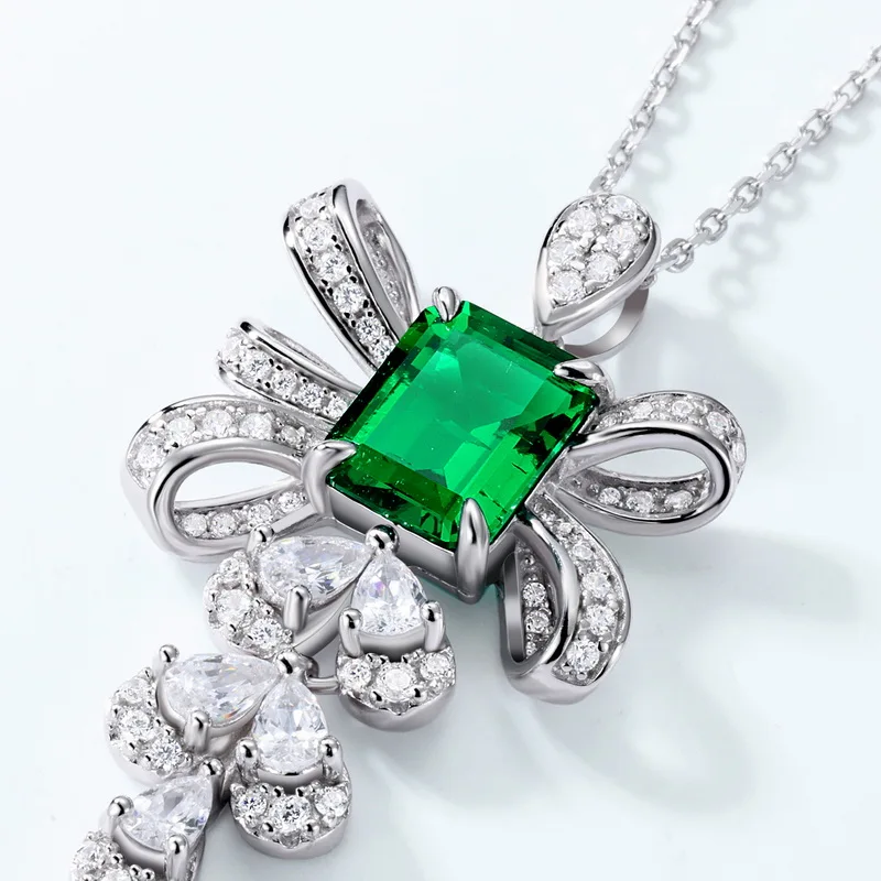 JewelyKing S925 Sterling Silver Laboratory Created Emerald Cut Ruby Sapphire Ice Crystal Pendant Necklace JKNS0179