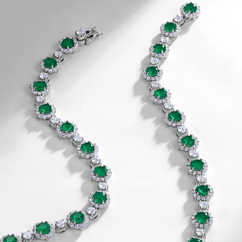 S925 Sterling Silver Green Glass Tennis Necklace for Women Halo Design Round Cut CZ Accent Statement Choker Necklace