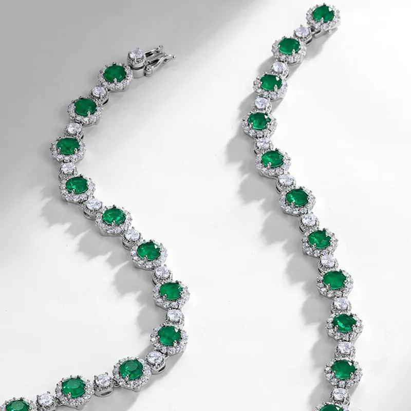 S925 Sterling Silver Green Glass Tennis Necklace for Women Halo Design Round Cut CZ Accent Statement Choker Necklace
